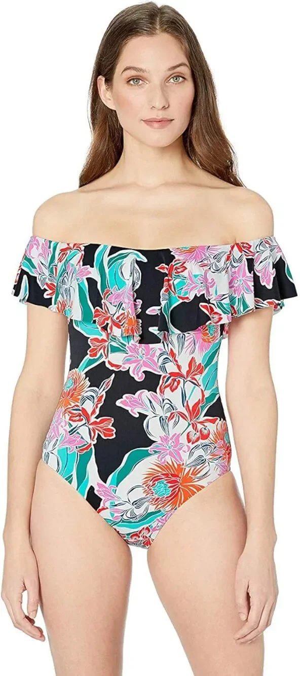 Trina Turk Off Shoulder One Piece Swimsuit Womens 8 Black Floral Ruffle Bandeau